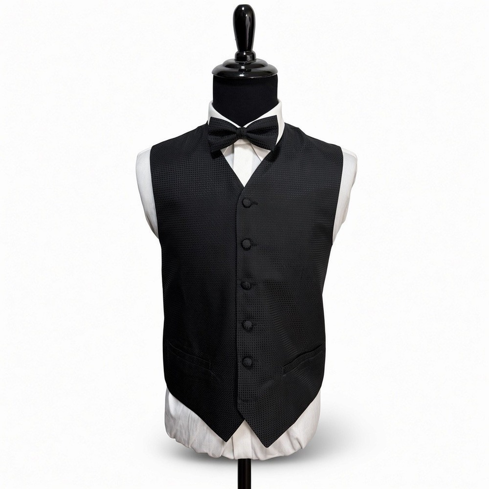 Louis Roth Men Geometric Pattern Vest & Bowtie Size Small 38 Tuxedo Opera Black